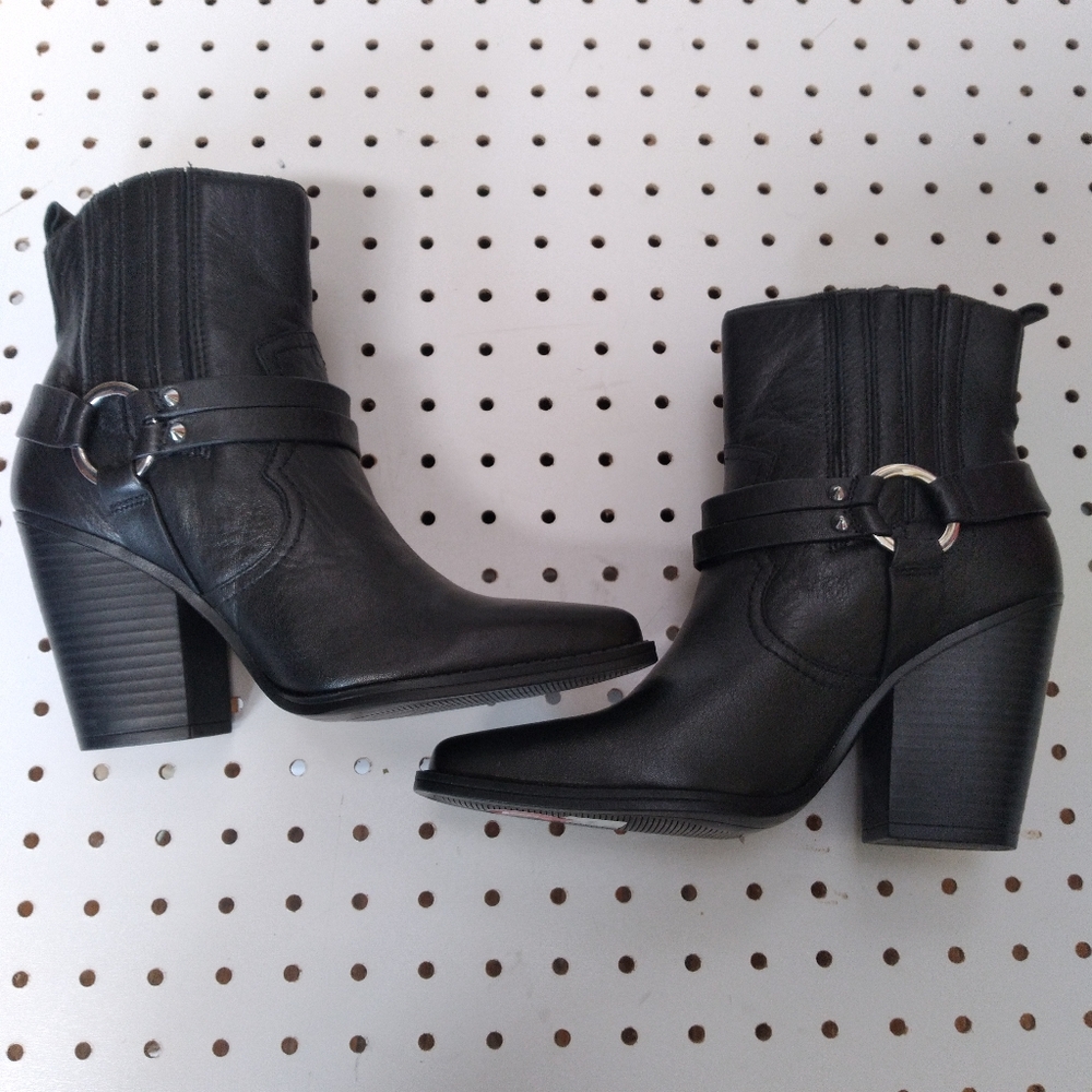 ALDO | Black Ankle Boots Booties | Women Leather Strap Buckle 3.5" Chunky Heel